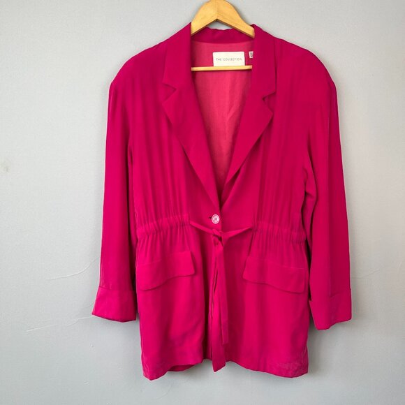 Vintage The Collection 100% Silk Fuchsia Hot Pink Blazer Cinch Tie Waist Size 12 - Picture 1 of 6